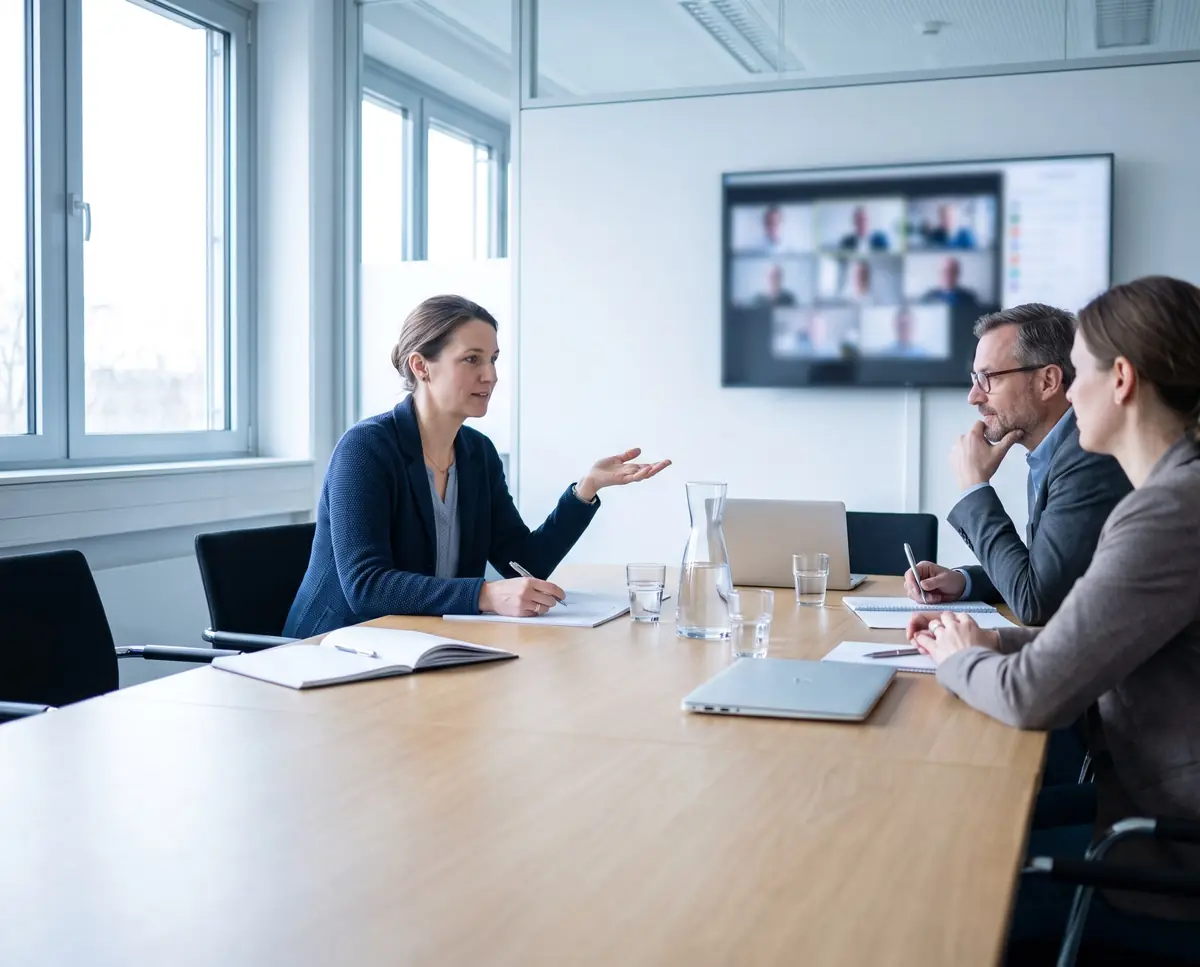 Besprechung in einem Büro: Eine Frau spricht, zwei Kollegen hören zu, an der Wand ein Bildschirm mit einem Videocall.